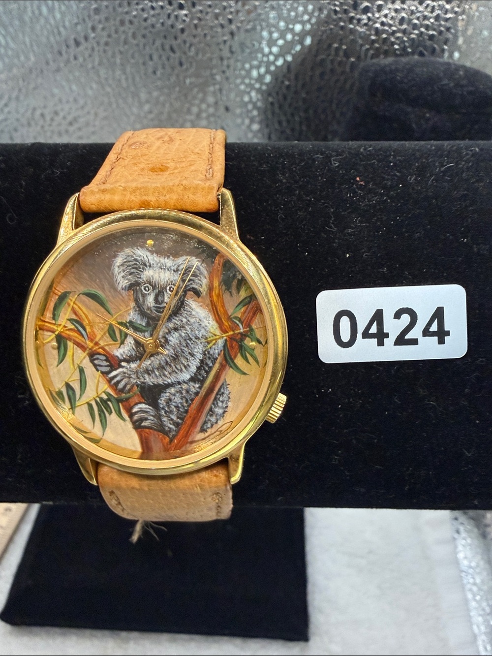 Gold-Tone Koala Dial Women's Watch with Tan Leather Strap